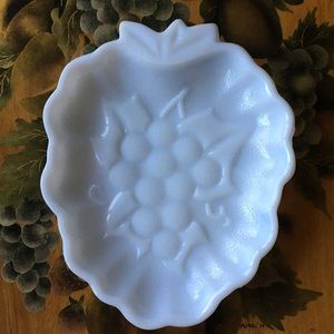 Milk glass dish white berries trinket candy EUC